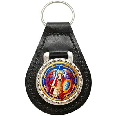 Image of Archangel Michael Christian Leather Key Fob