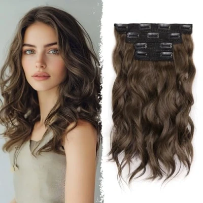 Image of Hair Extensions Clip In 14 Inch Wavy Synthetic Extension For Women And Girls (Color: Light Brown Mix Chocolate Brown)