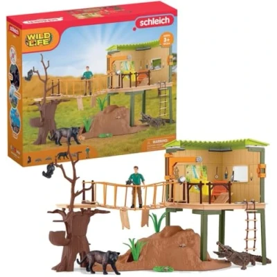 Image of schleich Wild Life 42594 Safari Ranger Adventure Station Action Playset Animals Tree Toys with Alligator, Panther, Base, Guide Figurine, Gift for Boys and Girls Ages 3+