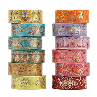 Image of Lychii Washi Tape Set, 12 Rolls Floral Masking Tapes, Metallic Foil Aesthetic Decorative for Scrapbook Journaling Craft Project Photo Frame 15mm