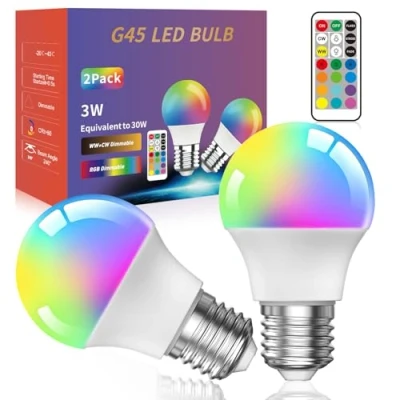 Image of Lamptobe 2 Pack Colour Changing Light Bulb 3W G45 E27 Dimmable Multi Color Edison LED Lamp with Remote Control,RGB+Warm White, 12 Choices for Daily Lighting and Mood
