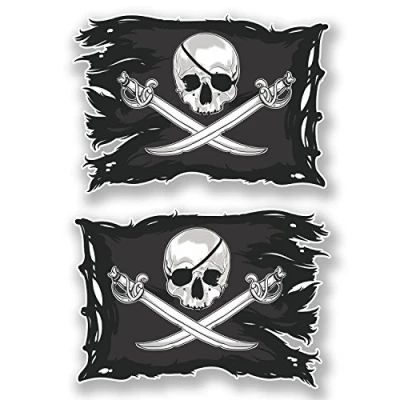 Image of 2 x 10cm Jolly Roger Skull Vinyl Stickers Crossbones Laptop Pirate Flag #6621 (10cm Wide 7cm Tall)