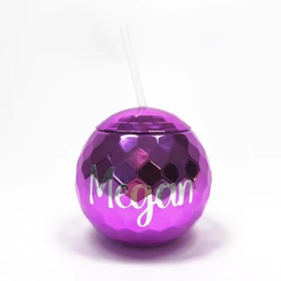 Image of PARTYRAMA.CO.UK Personalised Purple Disco Ball Reusable Tumbler with Straw 500ml