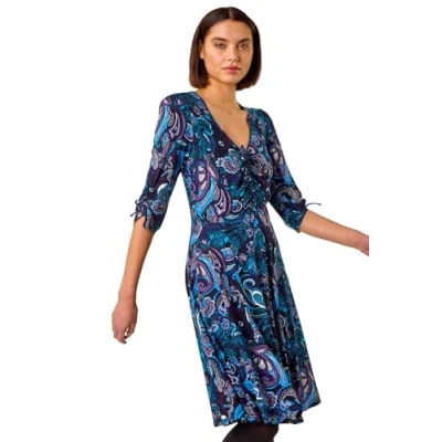Image of Roman Originals Fit &amp; Flare Skater Dress for Women UK Ladies Tea Stretch Jersey Casual Summer Occasion Evening Cocktail Party Smart Holiday V Necked Knee Length Blue Noir Size 18
