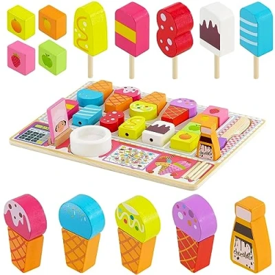 Image of Wooden Ice Cream Shop Set Kids Toy Children&#039;s Kitchen Pretend Playset Role Play Toys for Boys and Girls 3+ Years