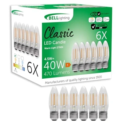 Image of Bell Lighting E27 Edison Screw Cap Filament Dimmable Light Bulb LED Candle 6 Pack Warm White 2700K 470 Lumen 4.5W Energy Saving 40W Halogen Lamp Equivalent