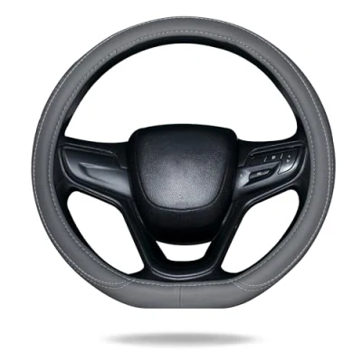 Image of Lifetooler Steering Wheel Covers Type D Universal PU Leather Breathable Anti slip Shape Car Cover Flat Bottom Protector for Men Women 38cm(15&quot;) (grey)