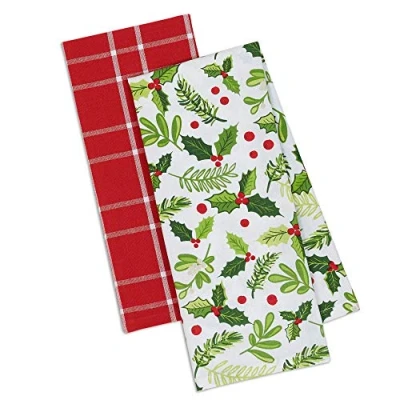 Image of DII Floral Tea Towels for Baking, Cleaning, Entertaining &amp; Cooking, Cotton, Boughs of Holly, 18x28