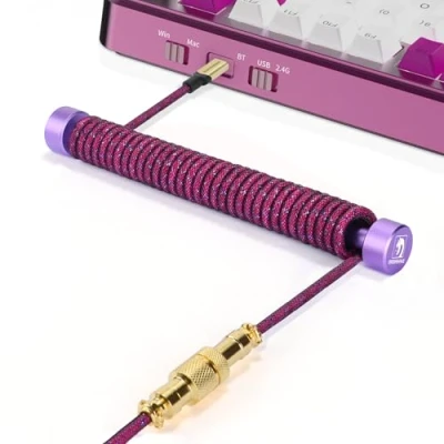 Image of MAMBASNAKE C03 Custom Coiled Keyboard Cable and Metal Aviator Winder Set Fixed Rod + Braided USB C with 24K Gold for Gaming Keyboard/Smartphone Charging RoseRed