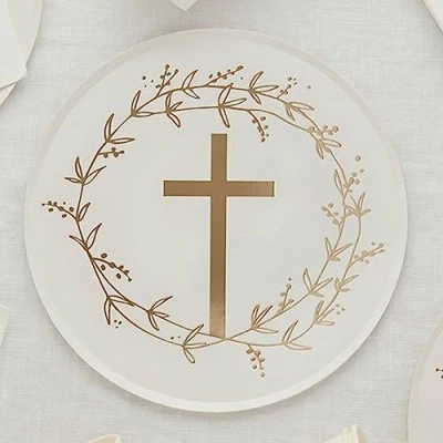 Image of 8 Gold Cross Paper Plates, Christening Baptism Partyware, Childrens Religious Party, Tableware, Communion Party Plates