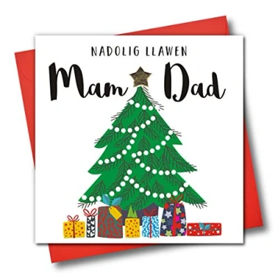 Image of Welsh Language Embellished Christmas Greeting Card, Nadolig Llawen, Mam A Dad, Happy Mum &amp; Tree and Presents
