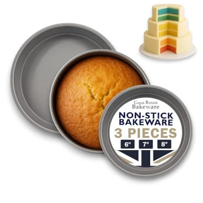 Image of Samuel Groves Set of 3 Round Victoria Sandwich Sponge Cake Tin Straight Sided Deep Pan Fixed Base, Superior Double Coated Non Stick, UK Made (6&quot;/7&quot;/8&quot; Set)