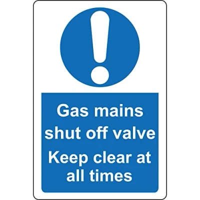 Image of Gas mains shut off valve Keep clear at all times Safety sign Self adhesive sticker (200mm x 150mm)