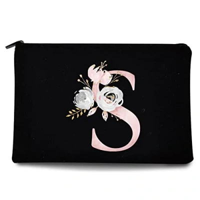 Image of 26 Letter Printed Zip Canvas Pouch Makeup Bag Make Up Bag, Cosmetic Travel Bag,Toiletry Bag,Organizer Bags,Toiletry Bags, Bride Bridesmaid Bag,Pencil Bag,Wash Bag,Coin Purse (Pink Flower S)