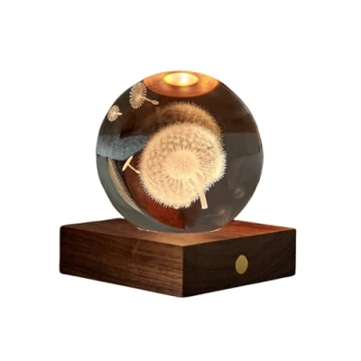 Image of Gingko Amber 3D Laser Engraved Premium Crystal Light with Wooden Walnut Base, LED Lights, Touch Control Button, 4 Brightness, USB C Charging, Packed in Gift Box (Dandelion)