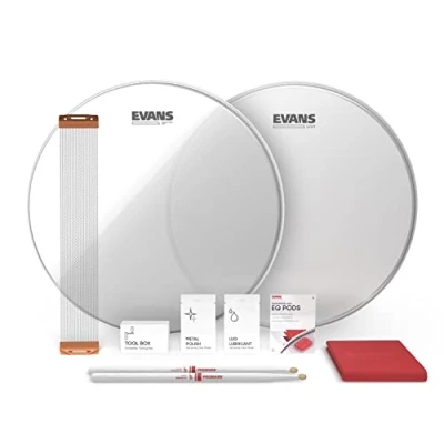 Image of Evans UV1 Snare Drum Tune Up Kit Contains UV Head, Resonant ProMark 5a Drumsticks, Wire, Key, EQ Pods Dampener, Lug Lubricant, Metal Polish, Polishing Cloth 14 inch