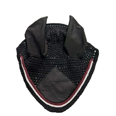 Image of Spire Horse Soft Crochet fly Veil Breathable Cotton Ear Net Hood Control Masks Protector Bonnets (Pony, Black/burgundy white)