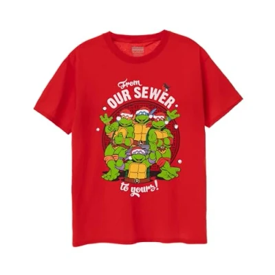 Image of Teenage Mutant Ninja Turtles Mens Christmas T Shirt Adults Festive from Our Sewer to Yours Graphic Tee in Red Nostalgic 90s Vintage Art Cartoon Fashion Retro TMNT Holiday Apparel Gift for Him
