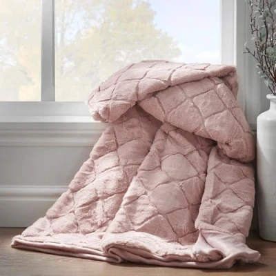 Image of Catherine Lansfield Downstairs Cosy Diamond Faux Fur Soft 130x170cm Blanket Throw Blush Pink