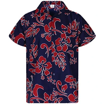 Image of King Kameha Floral Vibes Hibiscus Print Hawaii Colorful Stylish Shirt Standard Fit, Hibiscus, Navy Blue Red, L