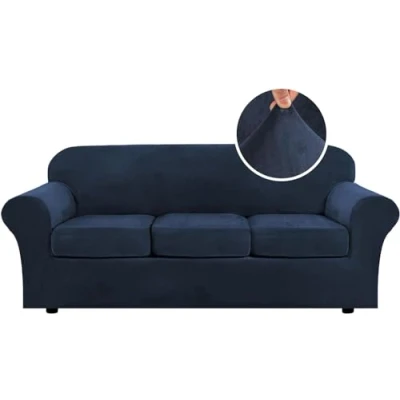 Image of LINGKY Velvet Sofa Covers 3 Seater with Separate Seat Cushion Covers, Stretch Slipcover Replacement Furniture Protector (Navy,3 Seater(173 229cm))