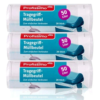 Image of Profissimo Carry Handle Bin Liners 50 L (Pack of 60), Pack 3 Tear Resistant &amp; Liquid Proof (3 x 20 Pieces)