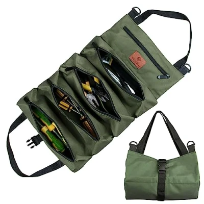 Image of Tool Roll Bag, Canvas Multi Purpose Tools Box Organiser with 5 Zip Pockets, Ideal for Plumbers, Craftsmen and Electricians (ArmyGreen)