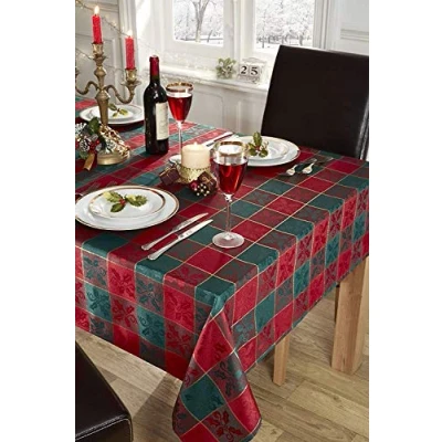 Image of Emma Barclay Christmas Check Table Cloth, Rectangular Machine Washable Xmas Dining Tablecloth in Red, Gold and Green Tartan Design (Glory) 60x84 Inch (152x213cm)
