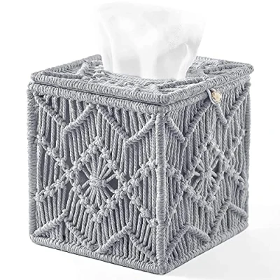 Image of LAUDS Tissue Box Cover with Bead Buckle Macrame Napkin Tissues Organizer Office