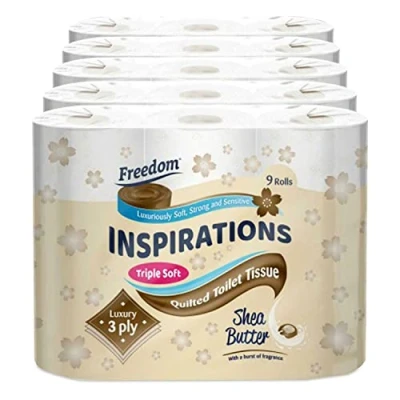 Image of Freedom Inspirations Luxury 3Ply Toilet Roll 45 Quilted Shea Butter Triple Soft and Scented Hygiene Bulk White Tissue Loo Rolls