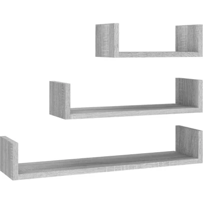 Image of vidaXL Wall Display Shelves Set of 3, U Shaped, Grey Sonoma, Engineered Wood, Assembly Required, Different Sizes