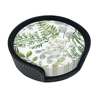 Image of Round Coasters, Forest Green Plant Fern,Mugs Pad Cups Mat Set of 6 Leather Drinks Coasters with Holder