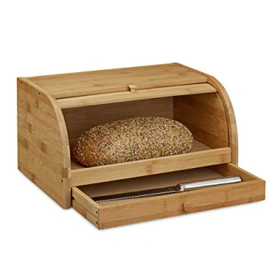 Image of Relaxdays Box with Drawer, Bamboo, Aroma Preserving, Bread Bin Rolling Lid, Size: 21 x 40 28 cm, Wood, Natural Brown, 40.5 cm