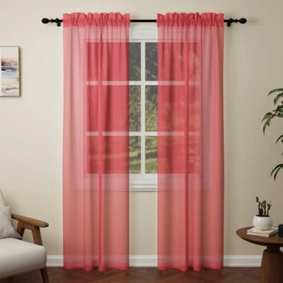 Image of Pacok Red Voile Curtains, 90 Drop 2 Panels Net Curtain for Windows, Rod Pocket Sheer Panel Curtains Living Room Kitcken Bedroom W56xL90 Inch(Red, 142 x 228cm)