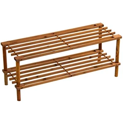 Image of HOMION Shoe Rack Slatted Wooden Footwear Storage Stand Organiser Pine Shelf Unit DVD Books Shoes (Walnut, 2 Tier)