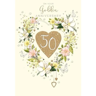 Image of Noel Tatt 50th Milestone Golden Anniversary Card 50 Years Love Heart Wreath Eco Friendly and Recyclable