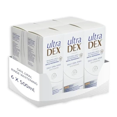Image of UltraDEX Daily Oral Rinse + Whitening, Clinically Proven 12hr Bad Breath Treatment, Alcohol Free Mouthwash, Mint 6 x 500 ml, Clear