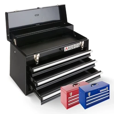 Image of Arebos Toolbox with 3 drawers &amp; 2 storage compartments incl. carrying handle snap locks in function anti slip mats (Black)