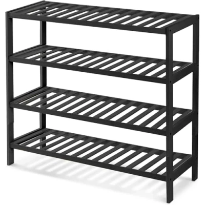 Image of KEPLIN 4 Tier Natural Bamboo Shoe Rack Easy Assembly &amp; Strong Design Shelf Organiser Ideal for Bedroom,Bathroom,Hallway Small Spaces Large Capacity Up to 12 Pairs of Shoes(67x70x25cm)