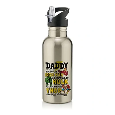 Image of Personalised You’re My Favourite Hero Daddy gift from son/daughter ANY NAME Fathers Day, Birthday, Godfather, Stainless Steel 600ml Water Bottle with Straw. (Silver)