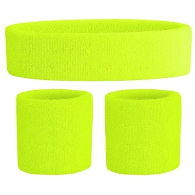Image of Crazy Chick Ladies Gym Exercise Sports Neon Sweat Headband &amp; Wristbands SET 80&#039;s Fancy Dress Accessories (Yellow)