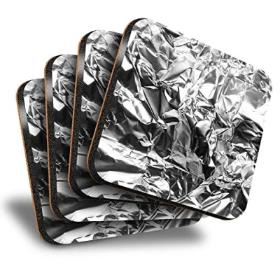 Image of Destination Vinyl ltd Great Coasters (Set of 4) Square Silver Aluminium Foil Drink Glossy Coasters/Tabletop Protection for Any Table Type #2061