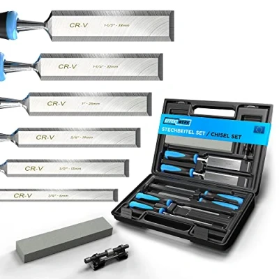 Image of Effektwerk 8 Pc Chisel Set w/Storage Case, Wood Carving Tool Kit, Whetstone &amp; Grinding Aid for Tools Sharpening, Professional Woodworking Carpenter Chisels w/Ergonomic Handles