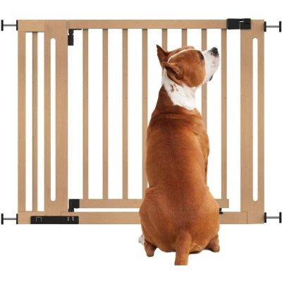 Image of Bettacare Wooden Elegance Dog Gate, Natural, 97cm 105cm, Pressure Fit Safety 65cm Extra Wide Doorway, Gate for Puppy, and Pet, Stylish Design Easy Installation
