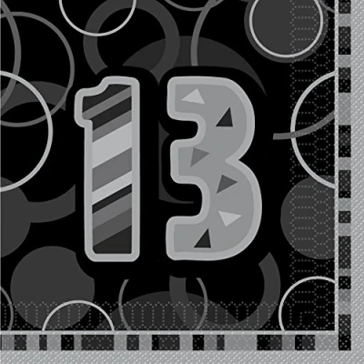 Image of Unique Party 28486 Glitz Black 13th Birthday Paper Napkins, Pack of 16