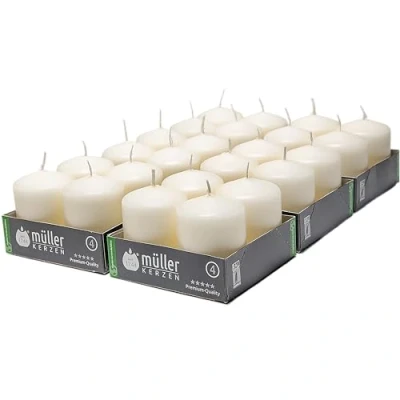 Image of Müller Ivory Pillar Candle Pack of 24 Unscented Small Candles 4,8 x 6,2 Cm 10 Hours Burn Time for Decoration No Drip Wax Smokeless Wick RAL Quality Made in Germany