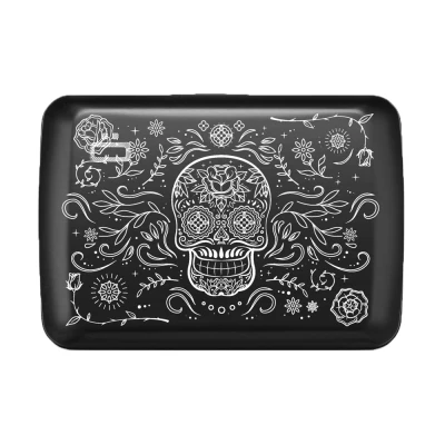 Image of ÖGON Aluminium Wallet Smart case V2 Metal Lock Water Resistant Card Holder RFID Protection Up to 10 Cards, Receipts and Bills (Laser Engraved Muertos)