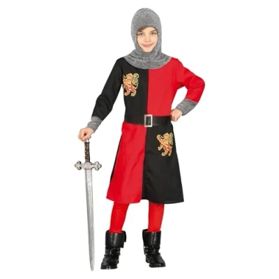 Image of FIESTAS GUIRCA Medieval Knight Boy Fancy Dress Costume Red and Black Warrior for Children 10 12 Years
