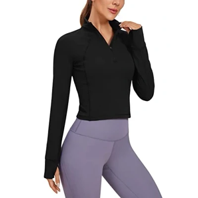 Image of CRZ YOGA Women&#039;s Butterluxe 1/2 Zip Long Sleeve Shirts Sports Crop Tops Gym Sweatshirt Running Cropped Jacket Pullover with Thumbhole Black 8
