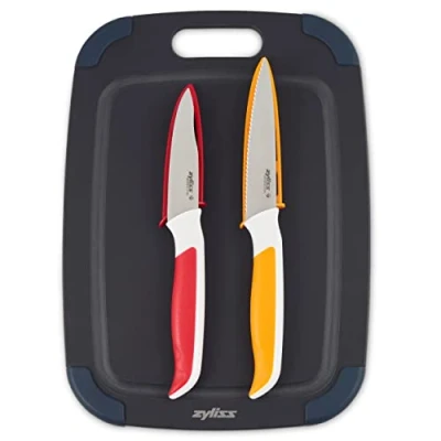 Image of Zyliss E910067 Cutting Board Knife Set, Made from Recycled Wood Fibre 30cm x 21.5cm, Includes Paring and Serrated for Chopping Vegetables/Fruit, Dishwasher Safe